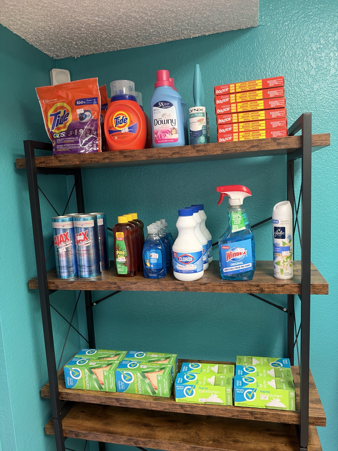 Household cleaners and laundry supplies on the shelves