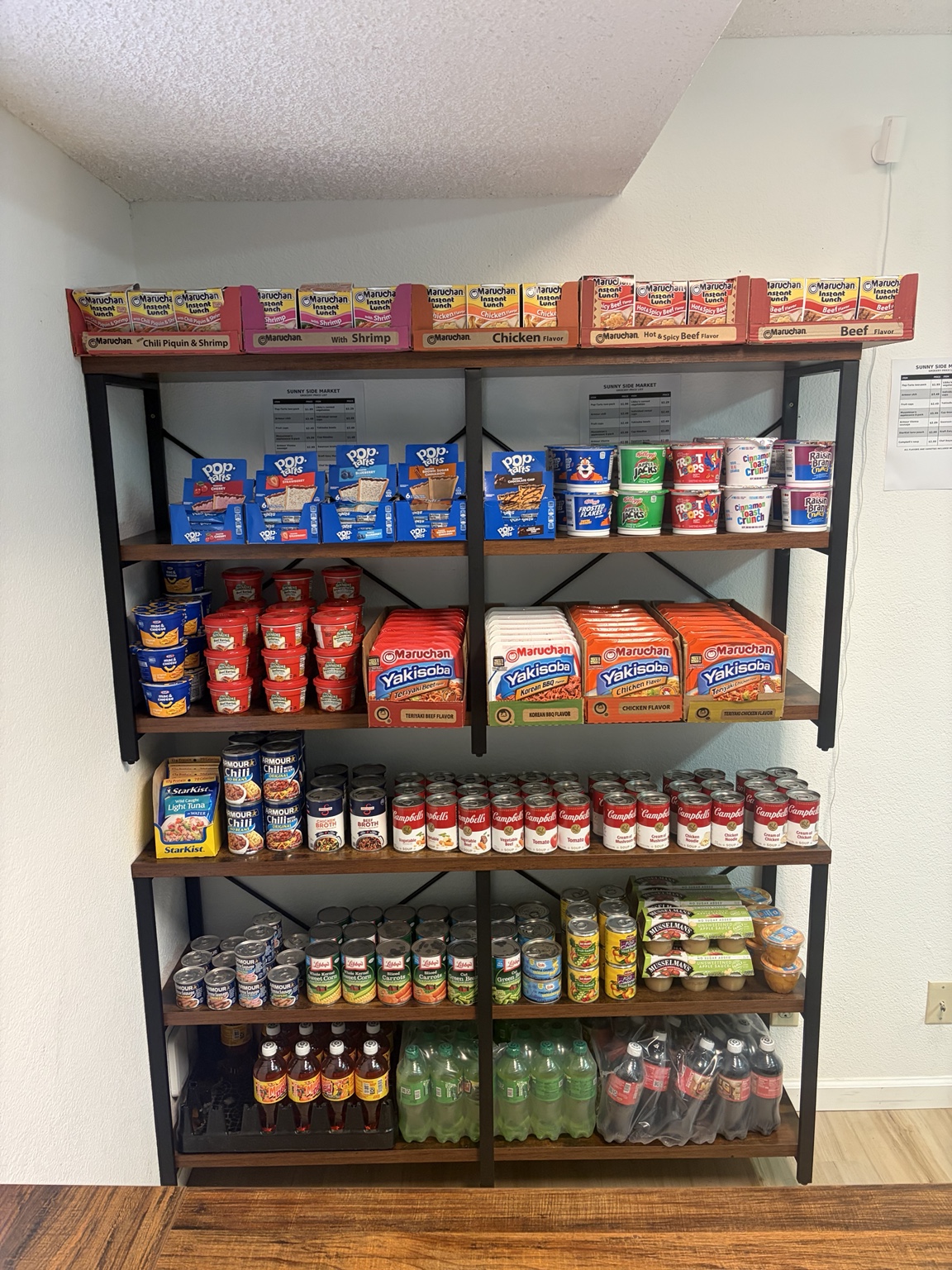 Quick meals, pantry items, and drinks on the shelves